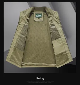 Detail view of khaki outdoor vest showing breathable mesh lining and inner pocket