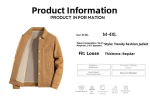 Size chart and fabric details of brown suede jacket with 96.6% polyester composition