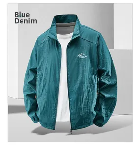 Detail of denim blue sun protection jacket with outdoor logo and stand collar