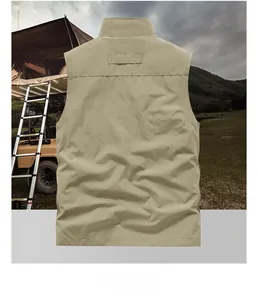 Detailed back view of khaki outdoor utility vest with high-quality stitching and collar