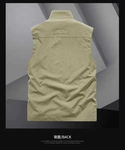 Back view of durable outdoor fishing vest with stand collar and reinforced stitching details