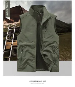 Detail of army green outdoor vest showing breathable mesh lining and durable metal zippers