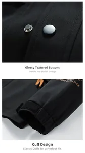 Detail of black jacket featuring twill texture, metal button, and Velcro cuffs with branding