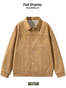 Flat lay of caramel faux suede work jacket with contrast stitching and large pockets