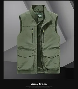 Detail of army green vest featuring multi-pockets and breathable mesh lining