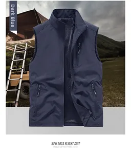 Detail of navy blue outdoor vest featuring breathable mesh lining and secure zipper pockets