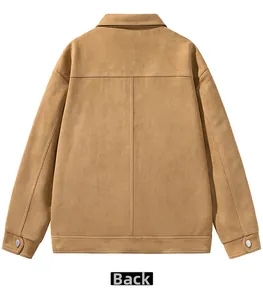 Rear view of brown faux suede jacket showing textured fabric and stitching detail
