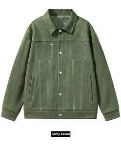 Detail of army green suede work jacket featuring contrast white stitching and metal buttons