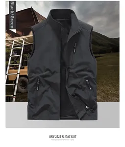 Detail of black outdoor vest showing breathable cotton spandex fabric and zipper pockets