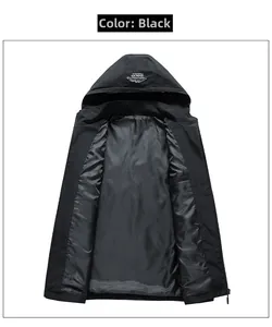 Detailed view of the internal pocket and windproof fabric of this black hooded jacket