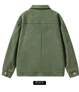 Back view of men's olive green suede jacket with contrast stitching and yoke detail