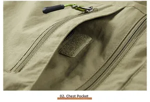 Detailed view of chest pocket with secure zipper and velcro on olive outdoor vest