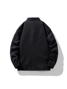 Classic black business casual jacket with ribbed cuffs and orange sleeve lettering