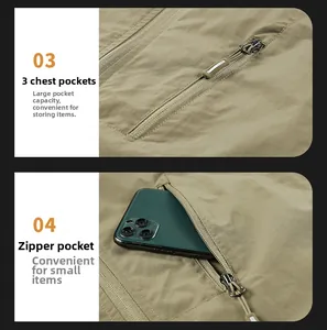 Detail of outdoor fishing vest showing three chest pockets and a zipper hand pocket