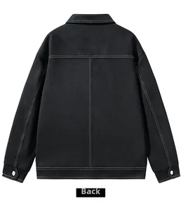Back view of black suede jacket featuring contrast white stitching and hem adjustment tabs