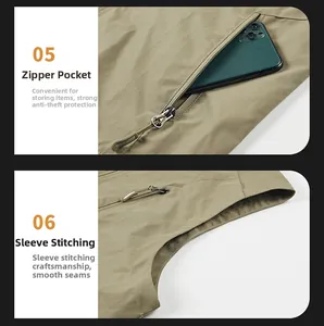 Detail view of the khaki multi-pocket vest showing functional metal zippers and fine stitching