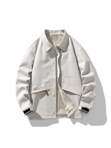 Men's casual lapel jacket in light grey with utility pockets and printed text