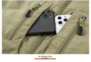 Detail view of multi-pocket chest design with large capacity for smartphones on vest