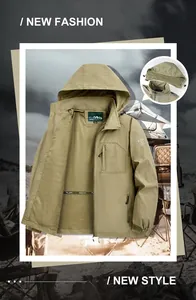 Detail view of khaki jacket showing breathable mesh lining and detachable hood