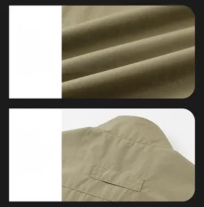 Detail of outdoor fishing vest showing reinforced stitching and premium fabric texture