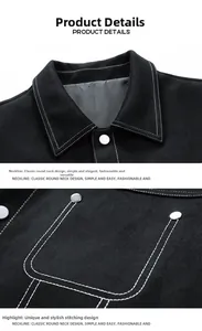 Detail view of black suede jacket with white contrast stitching and metal buttoned pocket
