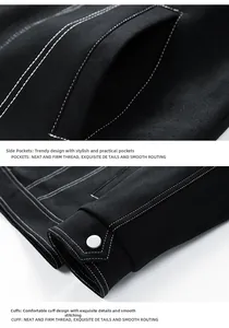 Detail of black suede jacket with white contrast stitching and silver snap button cuffs