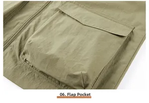 Macro shot of durable flap pocket details and stitching on men's outdoor utility vest