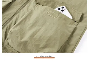 Detail of the large flap pocket on the khaki outdoor vest holding a smartphone