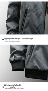 Détail d'une veste gris foncé avec imprimés dégradés et poches zippées métalliques