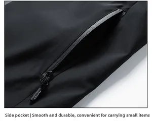Detail showing waterproof heat-sealed side pocket zipper with fashion puller on black jacket