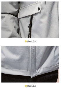 Detailed view of gray outdoor jacket showing zipper pocket and precise stitching details