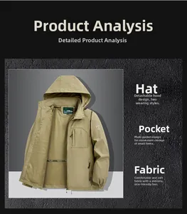 Detail of khaki outdoor jacket showing detachable hood and breathable mesh lining