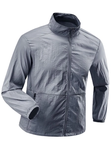 Men's grey sun protection jacket with breathable ice silk fabric and stand collar