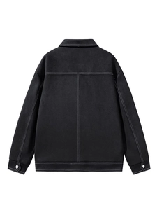 Back view of men's black suede jacket with white contrast stitching and cargo style