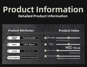 Detailed spec sheet showing 100% nylon fabric material for men's casual outdoor jacket