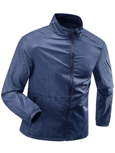 Men's dark blue quick-dry sun protection jacket with zip pockets and elastic cuffs