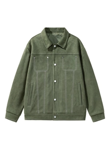 Green suede work jacket for men with contrast white stitching and classic lapel collar