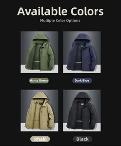 Detail view of water-resistant hooded jacket with adjustable drawstrings and zippered pockets