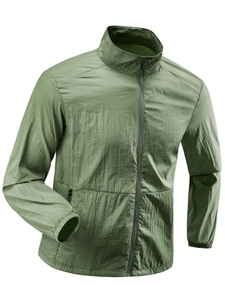 Men's lightweight olive green sun protection jacket with zip pockets and stand collar