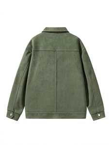 Men's workwear style lapel suede jacket in army green shown from a detailed back view