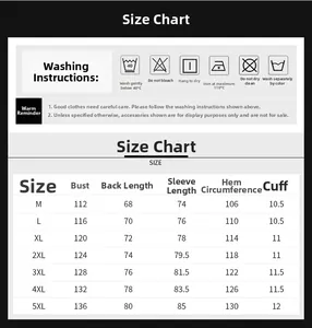 Size chart and washing guide for men's waterproof jacket with measurements from M to 5XL