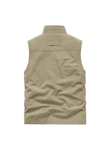 Outdoor sports fishing vest with multi-pockets in khaki color shown from the back view
