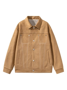 Men's camel suede workwear jacket with classic lapel collar and metal button front