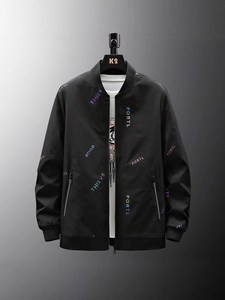 Veste Bomber Décontractée Pour Hommes Imprimé Lettres Fermeture Éclair Col Montant Veste De Baseball Mode Printemps Automne
