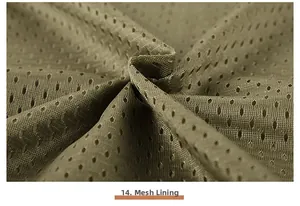 Detail of army green breathable mesh lining for outdoor fishing and photography vest