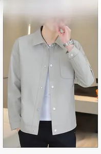 Men's light grey casual jacket featuring vertical texture, lapel collar, and silver snaps