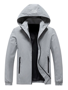 Men's light grey waterproof hooded windbreaker jacket with a modern minimalist outdoor design