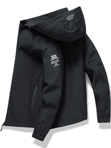Men's black waterproof jacket with detachable hood and stylish white graphic prints
