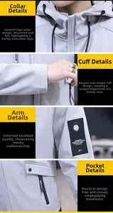 Detailed views of gray hooded jacket featuring zip pockets and branded arm patch