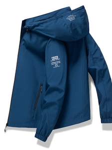 Men's navy blue waterproof hooded jacket with white logo for outdoor sports